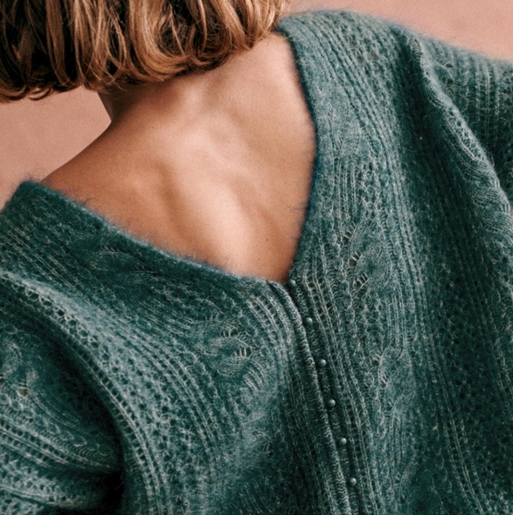 Sezane Susanna Kid Mohair/ Wool Green White Knit Cardigan - Picture 7 of 11